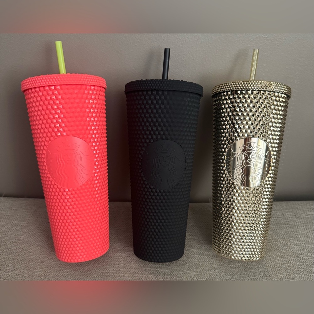Starbucks Studded Bling Tumbler Venti 24Oz Straws LOT of 3 Gold, Black, Pink NEW
